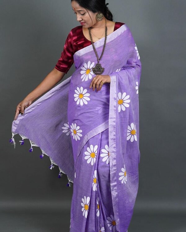 Flower Print Purple Soft Cotton Saree