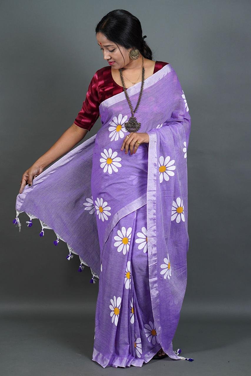 Flower Print Purple Soft Cotton Saree