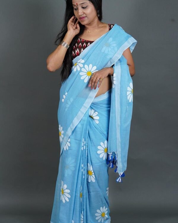 Flower Print Sky Blue Soft Cotton Saree