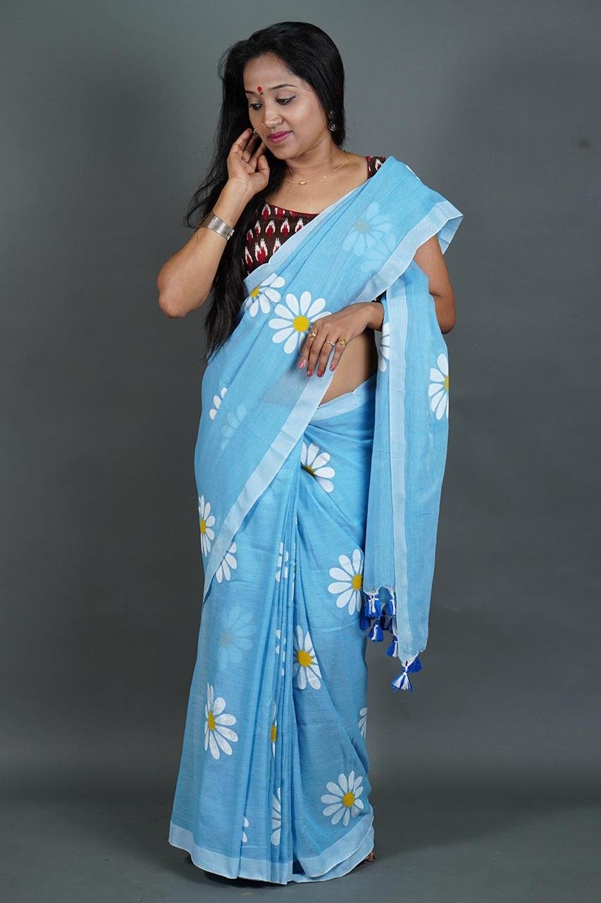Flower Print Sky Blue Soft Cotton Saree