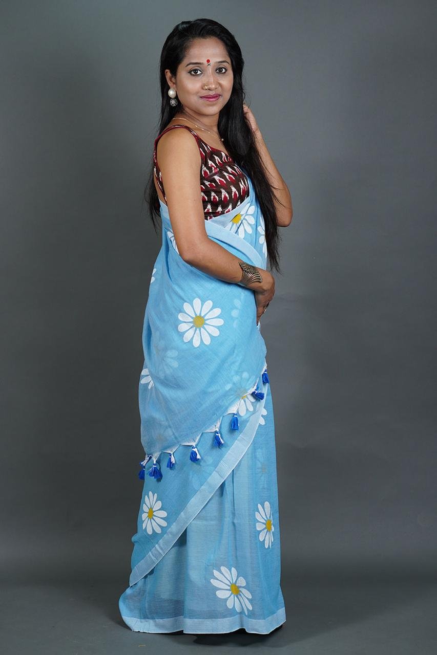 Flower Print Sky Blue Soft Cotton Saree - Image 2