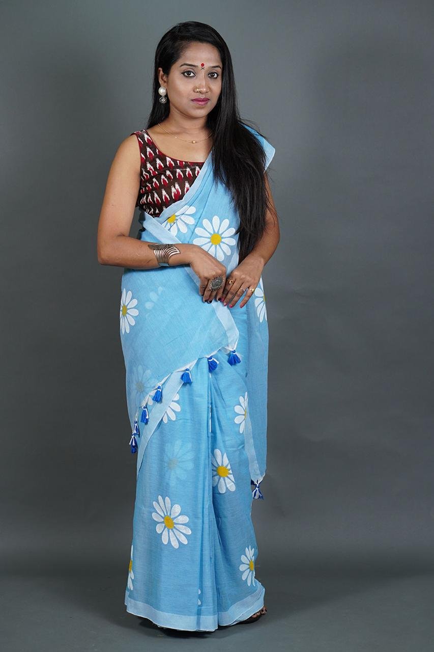 Flower Print Sky Blue Soft Cotton Saree - Image 3