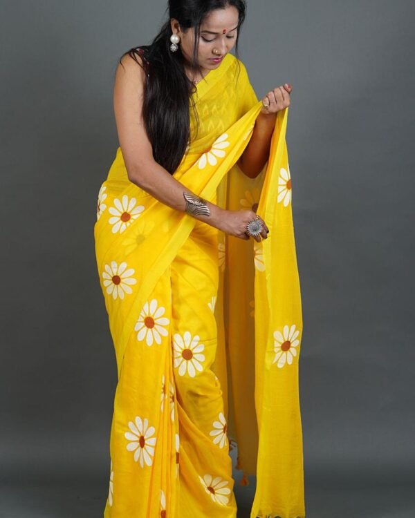 Flower Print Yellow Soft Cotton Saree
