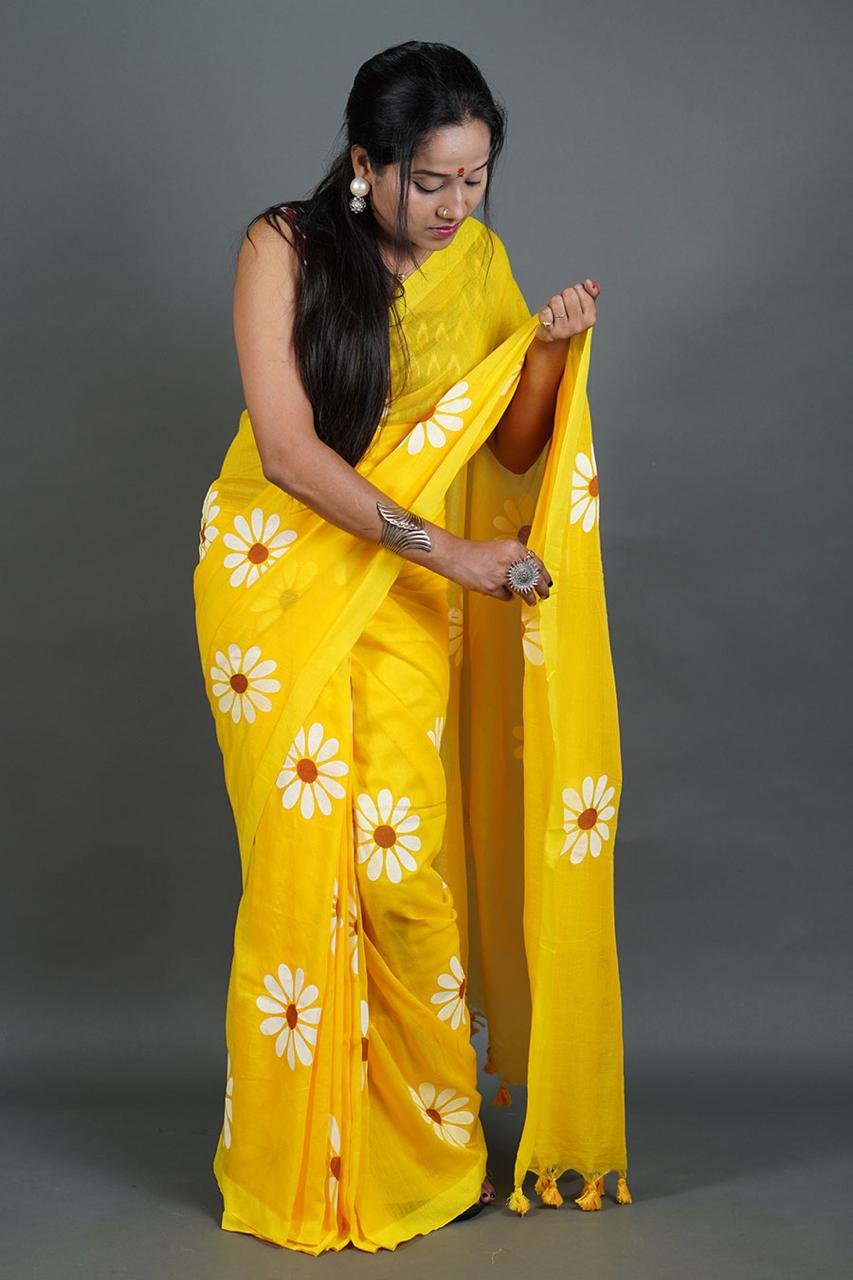 Flower Print Yellow Soft Cotton Saree