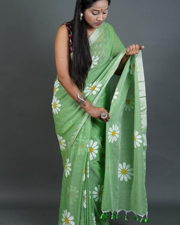 Flower Print Olive Soft Cotton Saree
