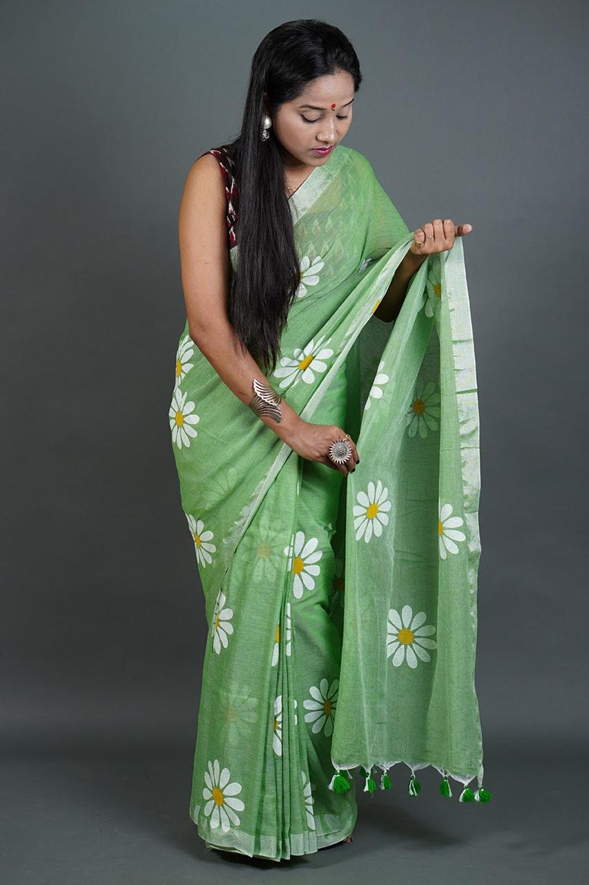 Flower Print Olive Soft Cotton Saree