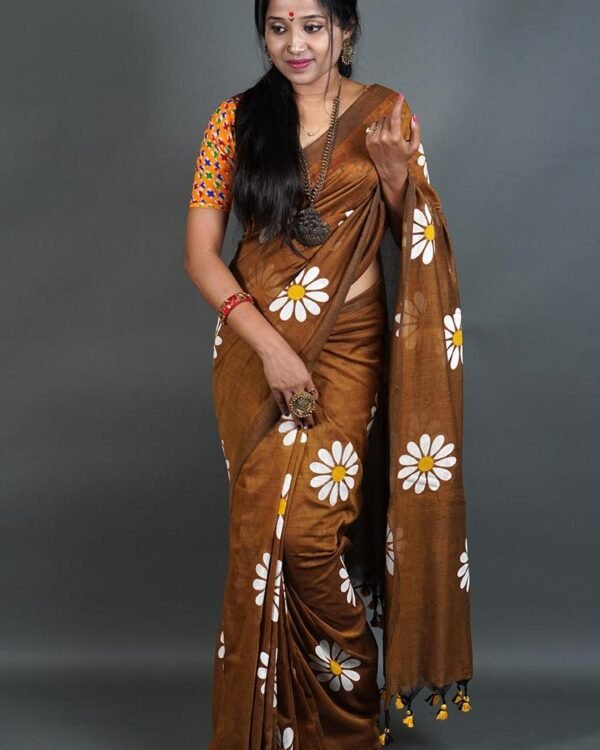 Flower Print Brown Soft Cotton Saree