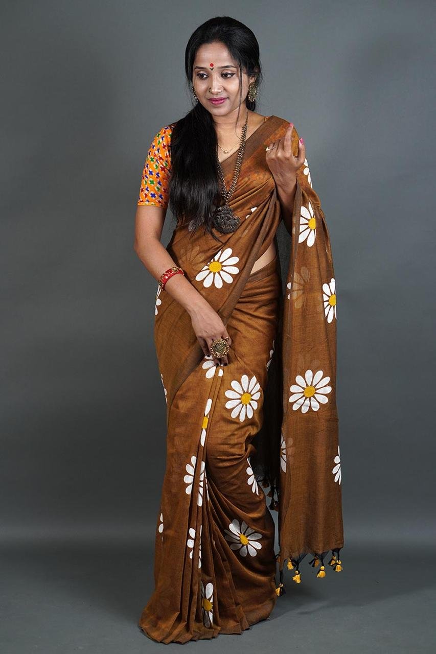 Flower Print Brown Soft Cotton Saree