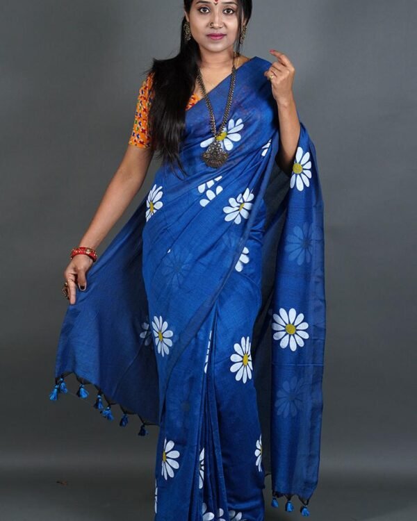 Flower Print Blue Soft Cotton Saree