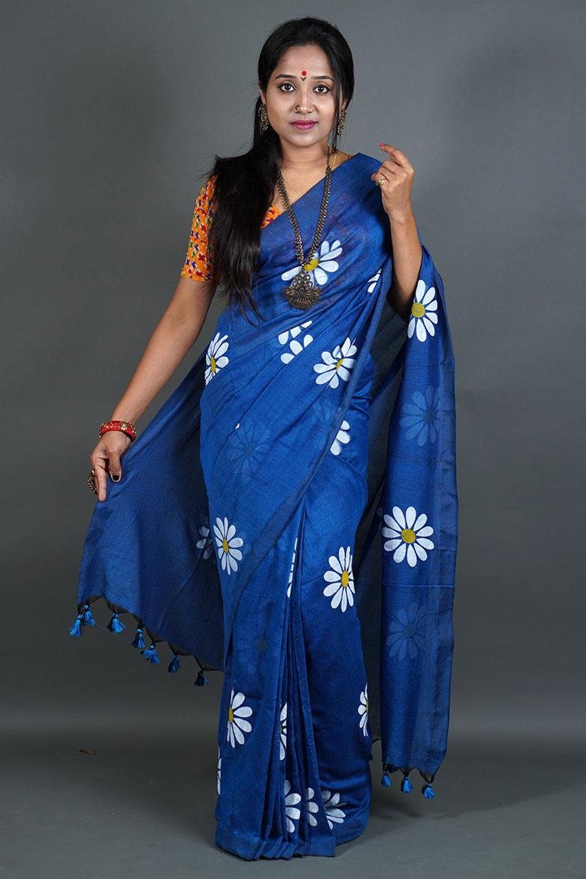 Flower Print Blue Soft Cotton Saree