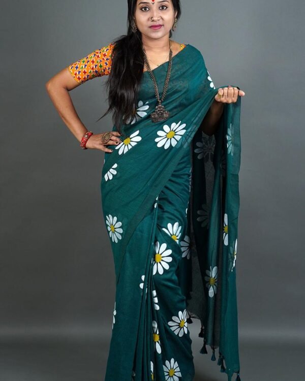 Flower Print Raja Green Soft Cotton Saree