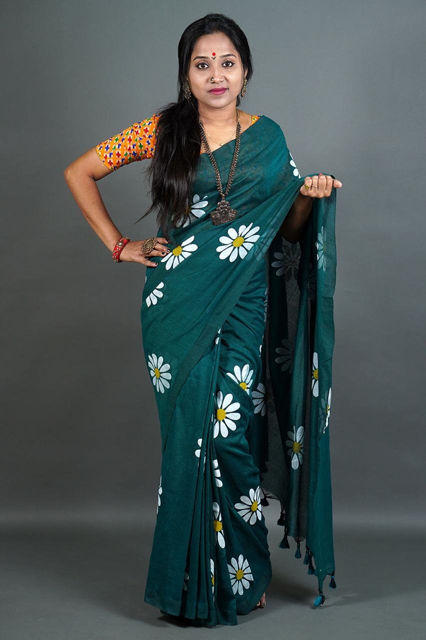 Flower Print Raja Green Soft Cotton Saree