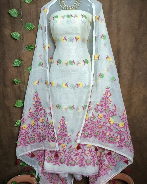 Small Flower Off White Majenda Unstitched Jamdani Kurti Set