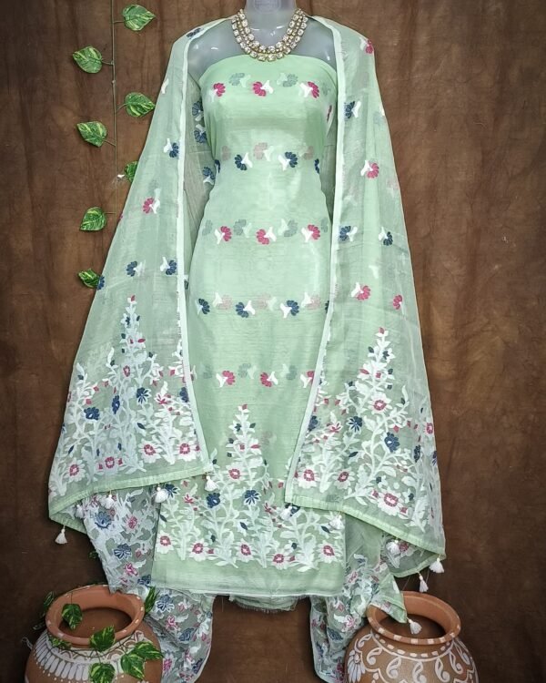 Small Flower Olive Unstitched Jamdani Kurti Set