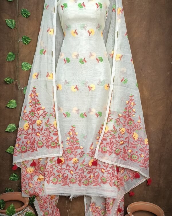 Small Flower Off White Red Unstitched Jamdani Kurti Set