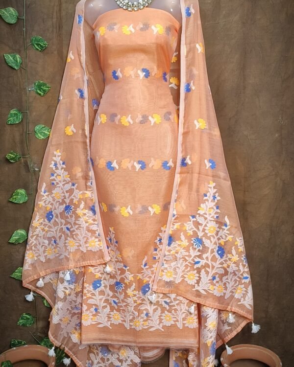 Small Flower Peach Unstitched Jamdani Kurti Set