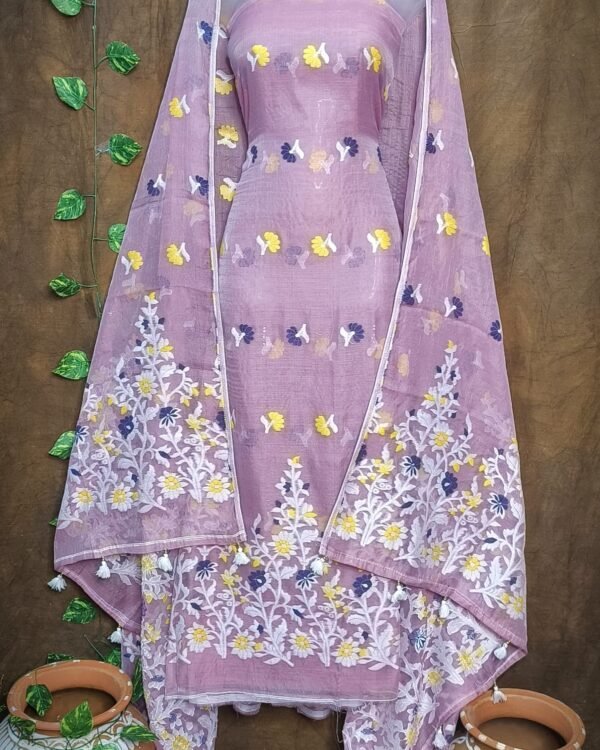 Small Flower Light Brown Unstitched Jamdani Kurti Set