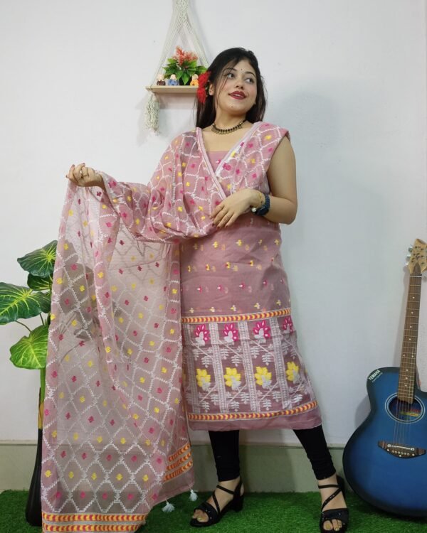 Borfi Peach Unstitched Jamdani Kurti Set