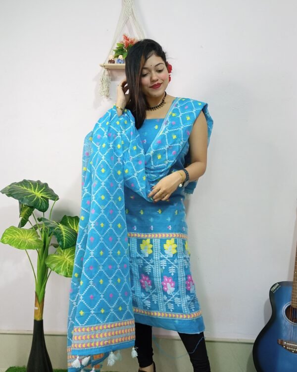 Borfi Sky Blue Unstitched Jamdani Kurti Set