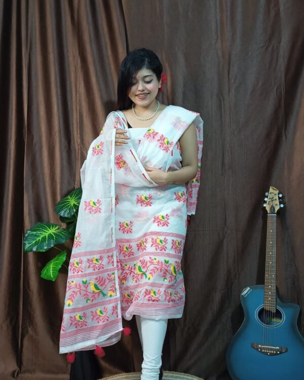 Pakhi Lata White Red Unstitched Jamdani Kurti Set