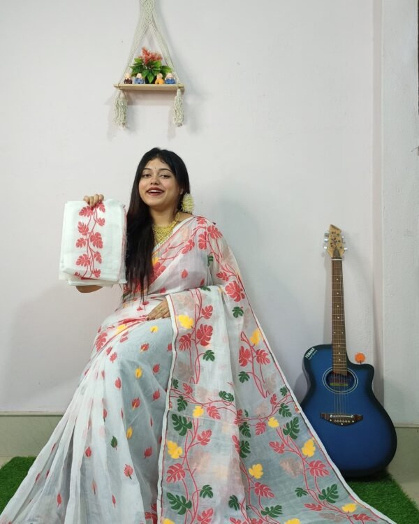 Money Planet Cream Pink Soft Jamdani Saree