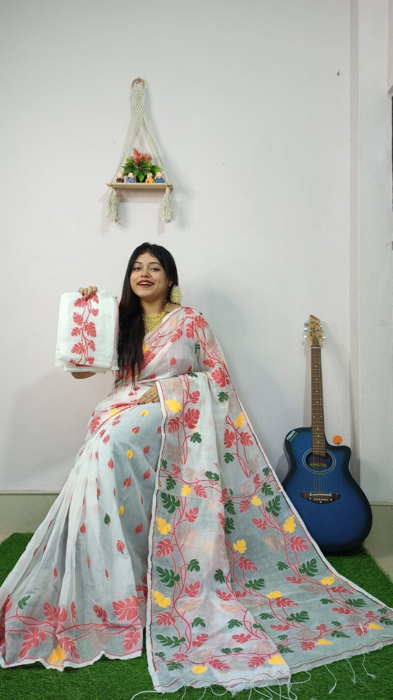 Money Planet Cream Pink Soft Jamdani Saree