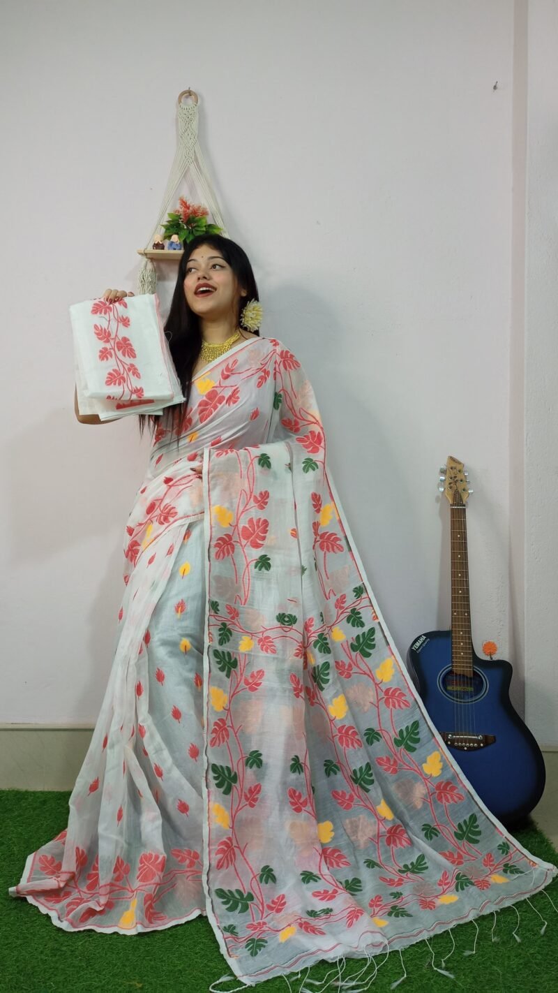 Money Planet Cream Pink Soft Jamdani Saree - Image 2