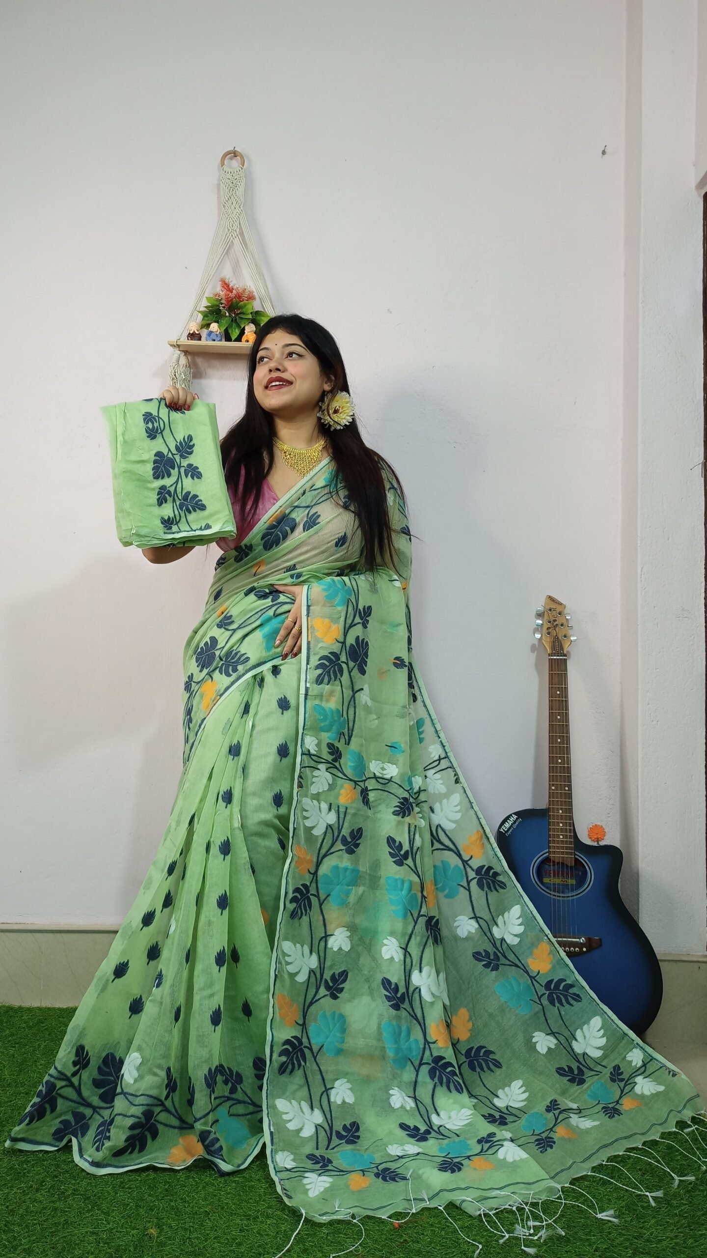 Money Planet Olive Soft Jamdani Saree - Image 2