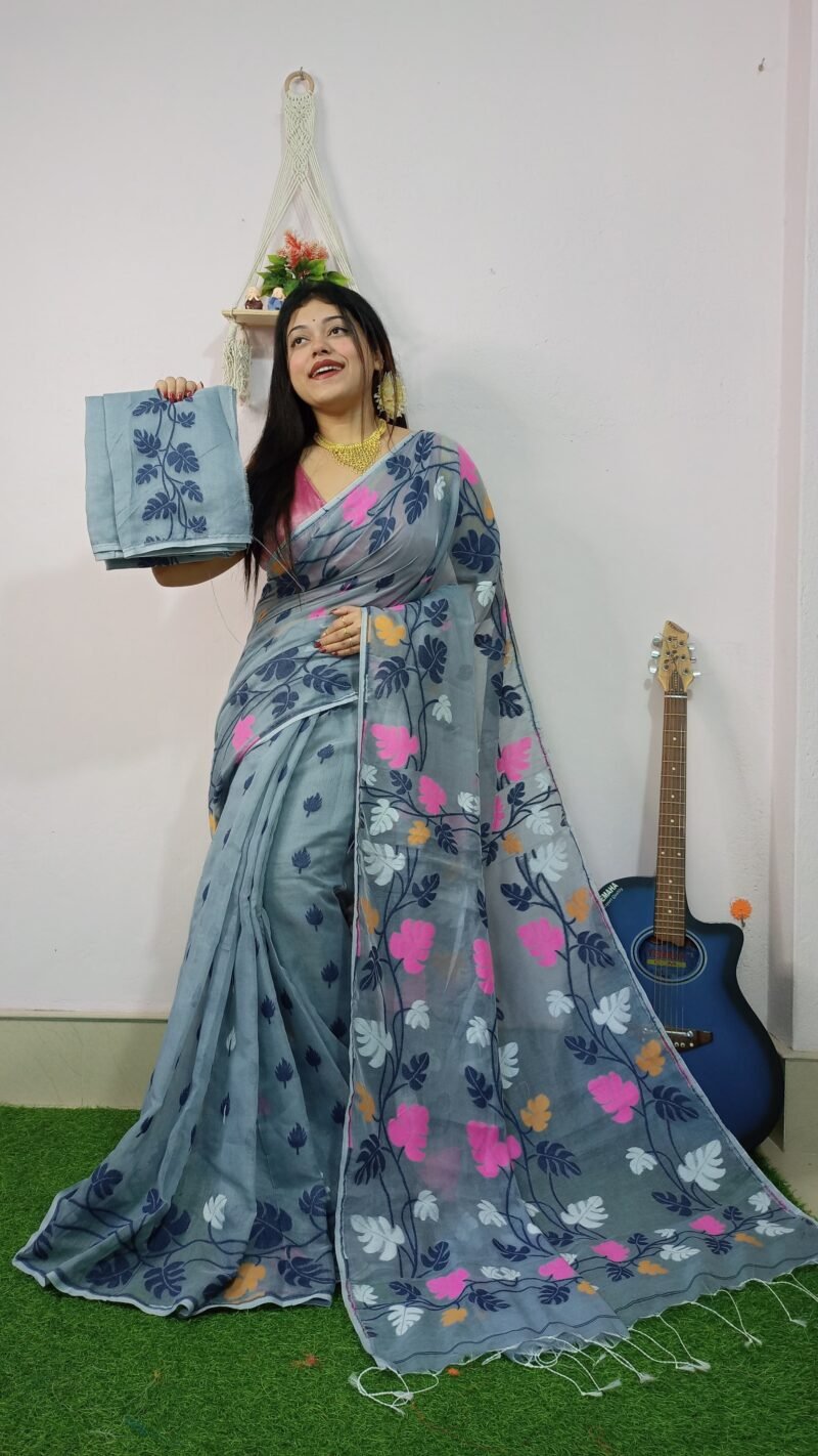 Money Planet Grey Soft Jamdani Saree - Image 2