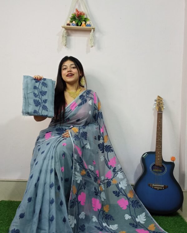Money Planet Grey Soft Jamdani Saree