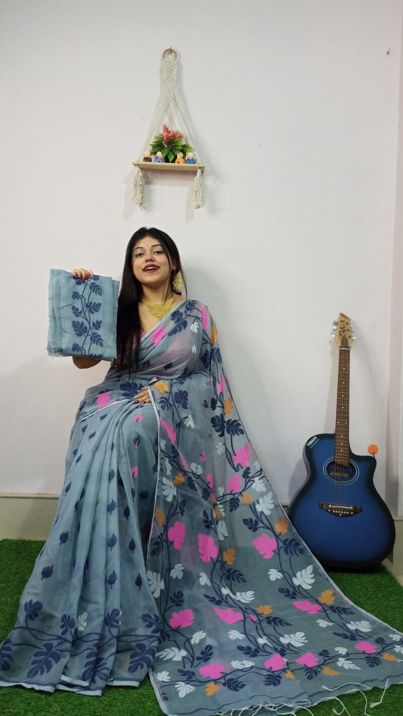 Money Planet Grey Soft Jamdani Saree