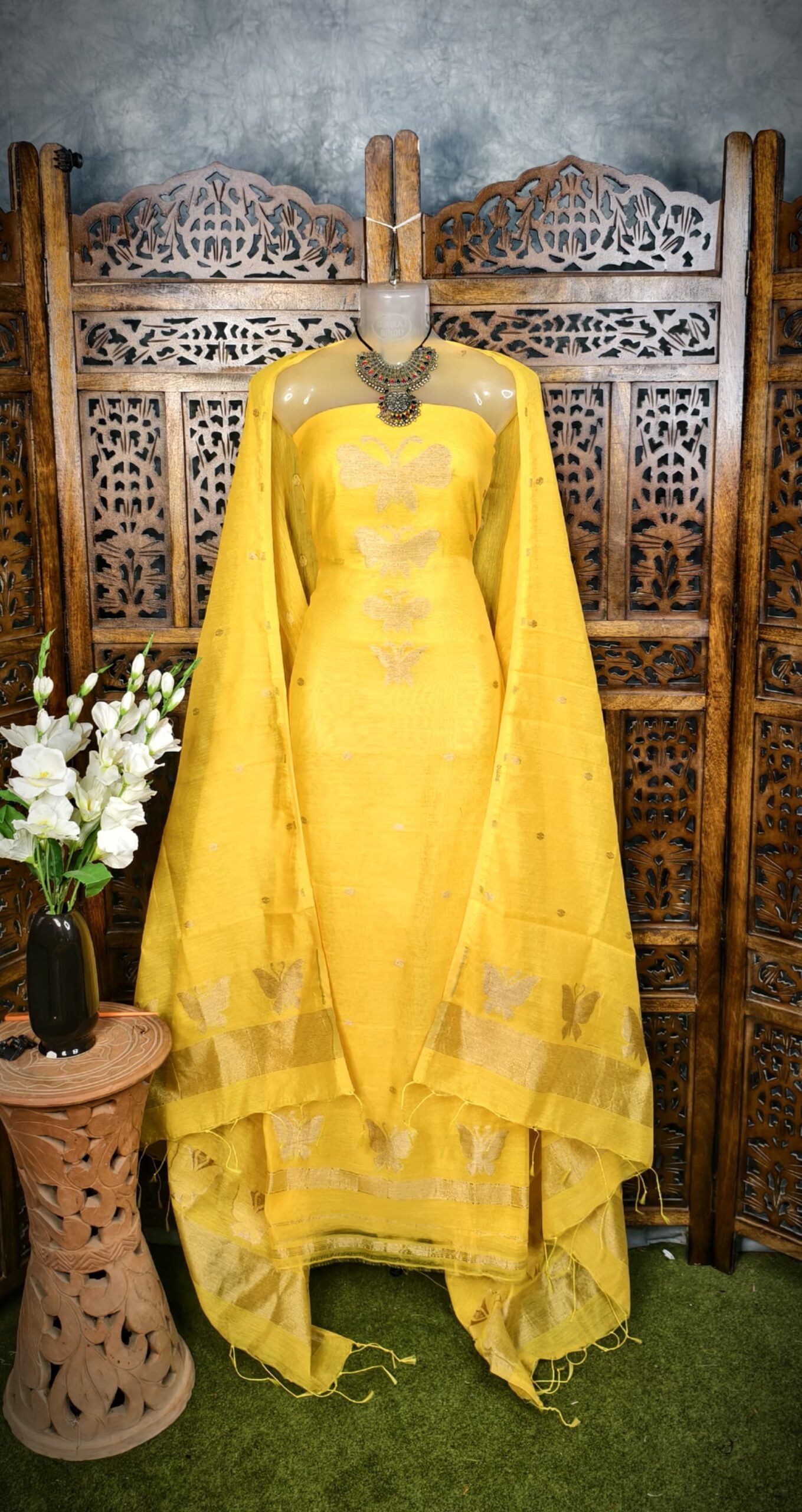 Batterfly Yellow Unstitched Jamdani Kurti Set - Image 2