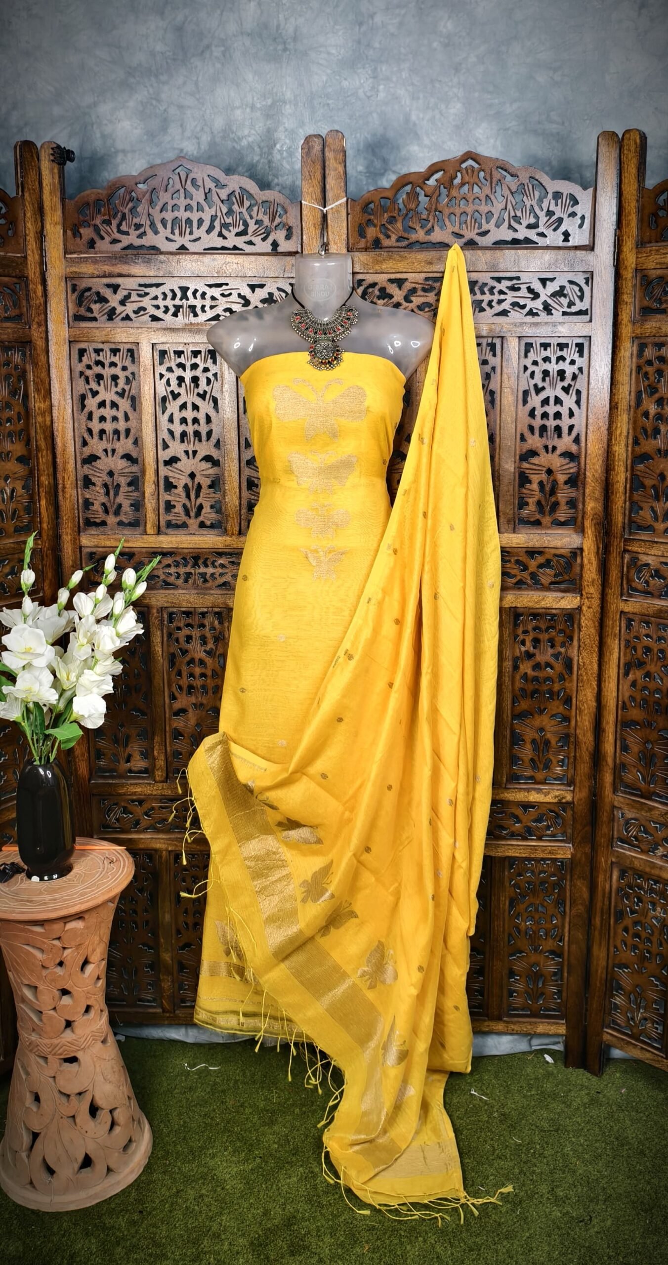 Batterfly Yellow Unstitched Jamdani Kurti Set
