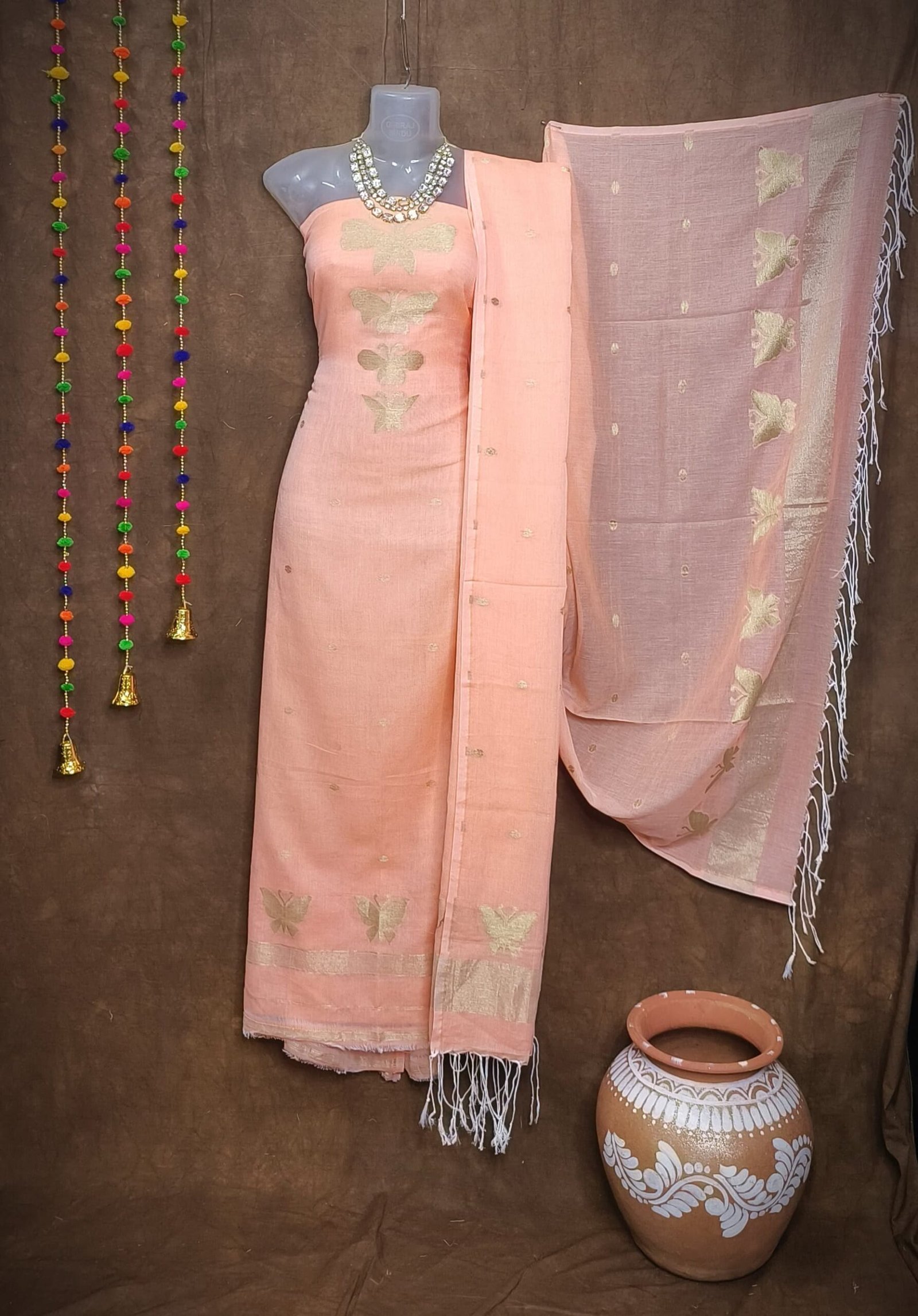 Batterfly Peach Unstitched Jamdani Kurti Set