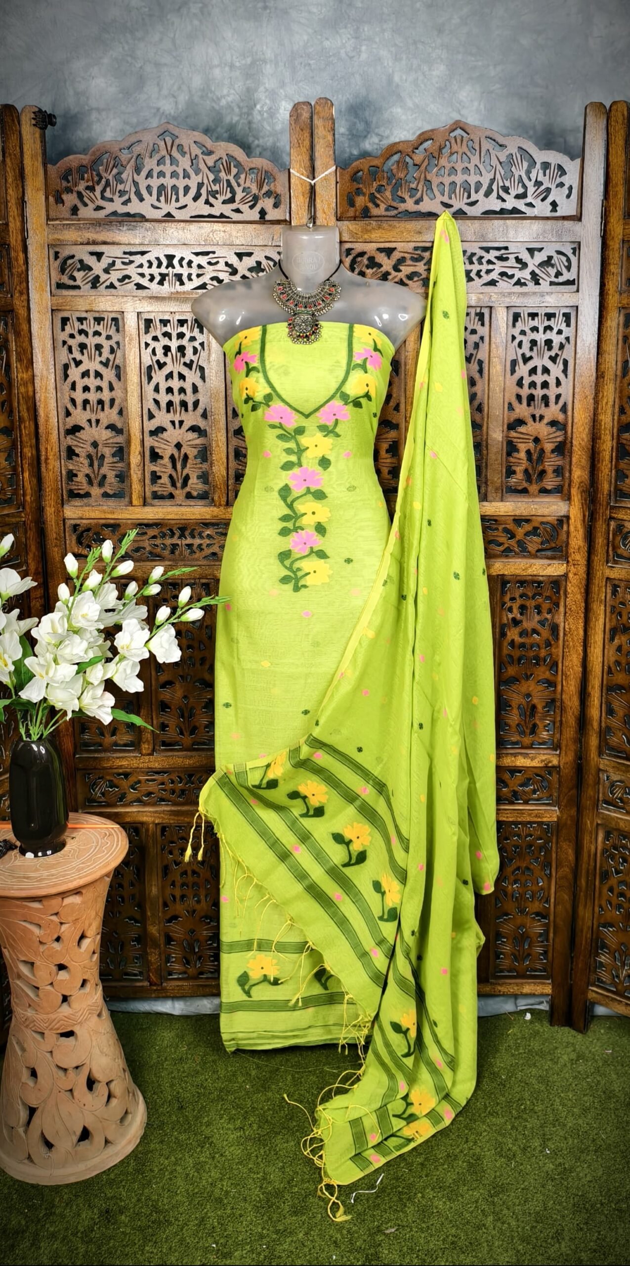 Flower Green Unstitched Jamdani Kurti Set