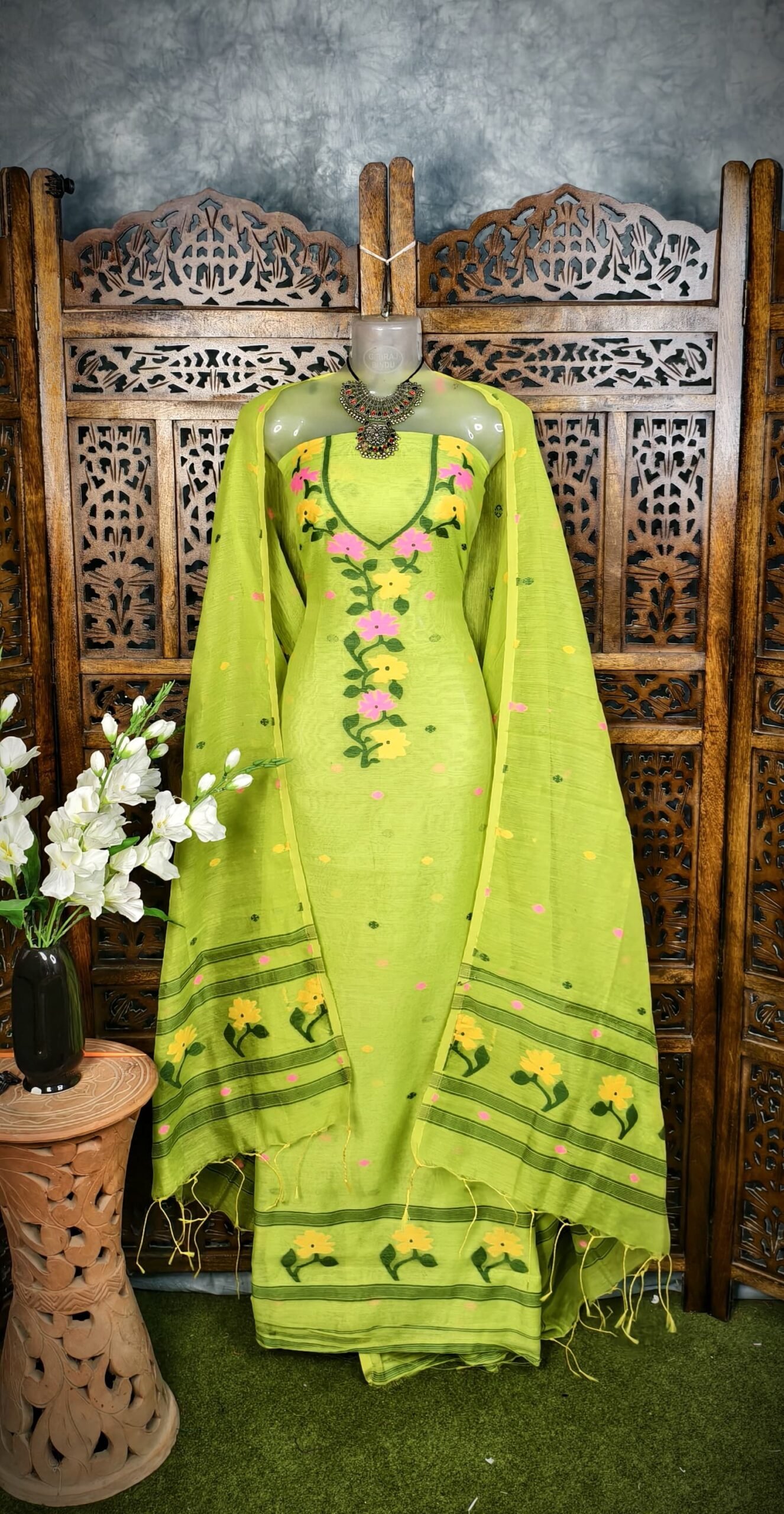 Flower Green Unstitched Jamdani Kurti Set - Image 2