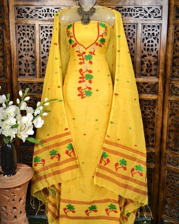 Flower Yellow Unstitched Jamdani Kurti Set