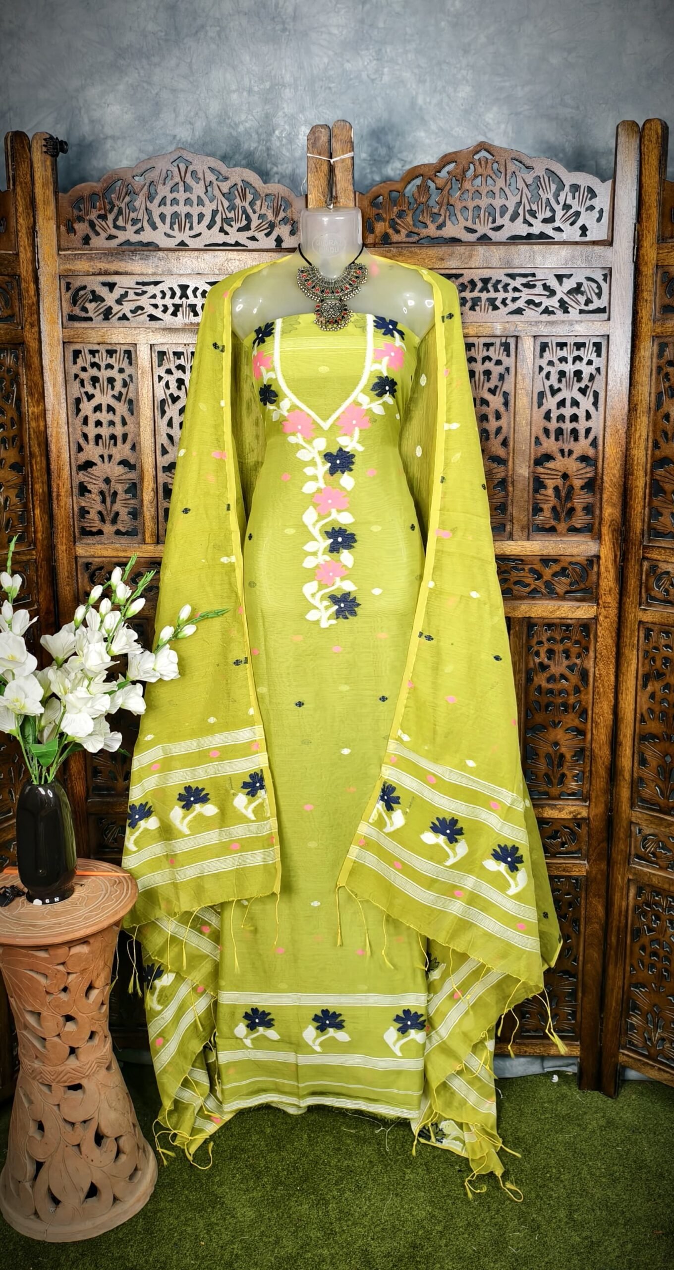 Flower Green Unstitched Jamdani Kurti Set