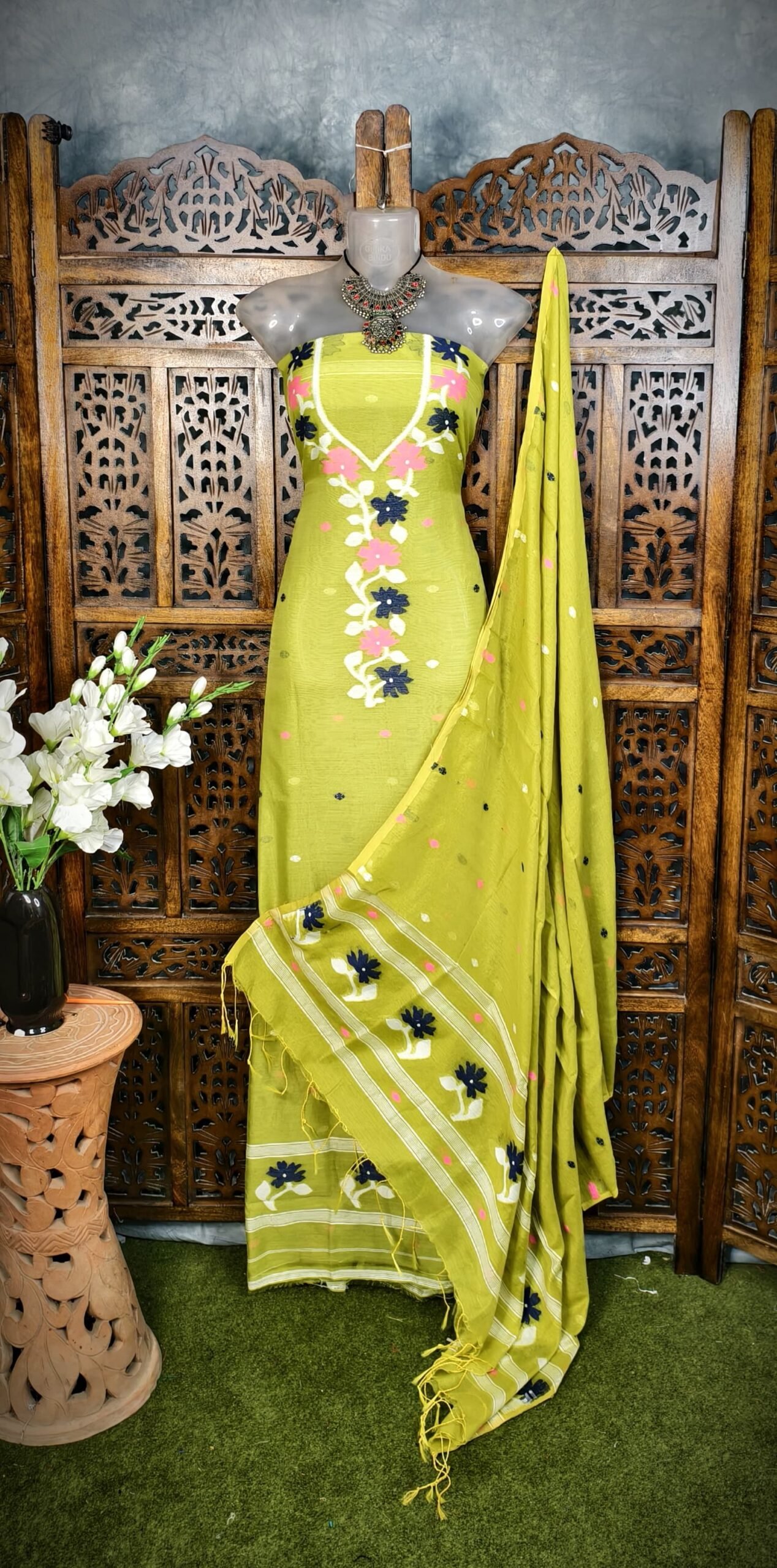 Flower Green Unstitched Jamdani Kurti Set - Image 2