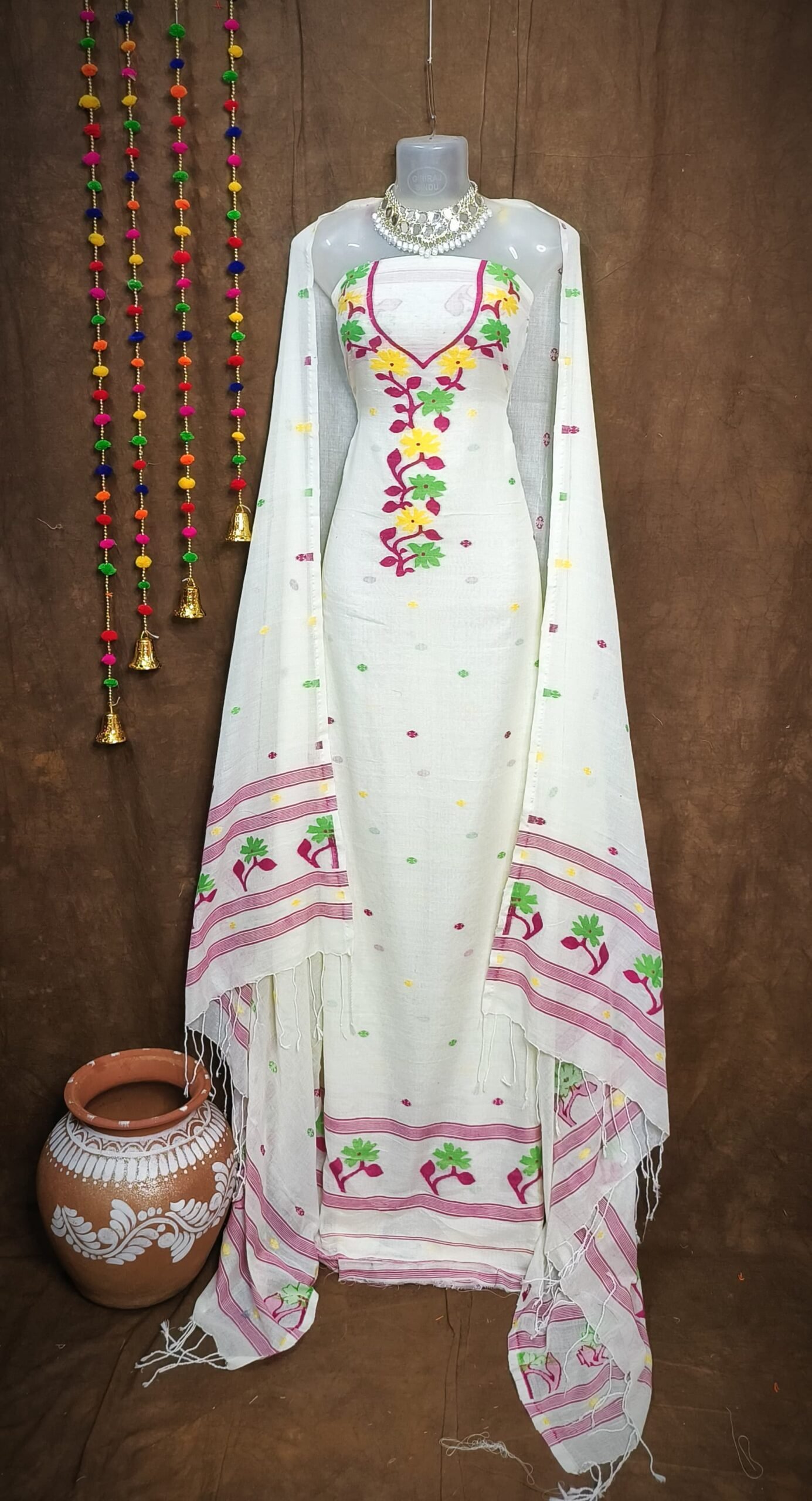 Flower Off White Unstitched Jamdani Kurti Set