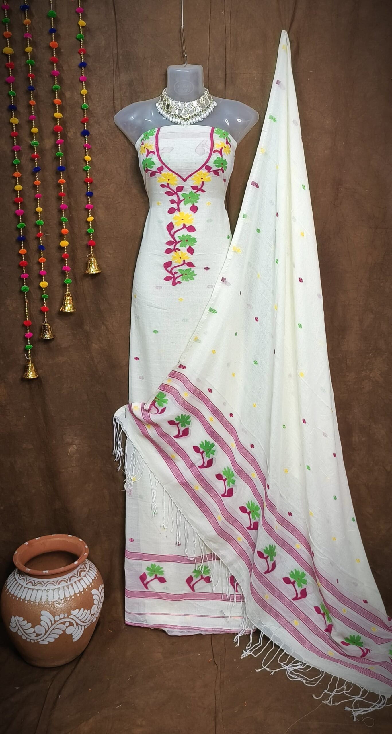 Flower Off White Unstitched Jamdani Kurti Set - Image 2