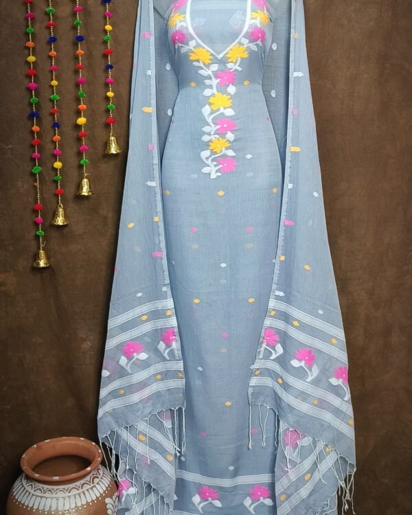 Flower Grey Unstitched Jamdani Kurti Set