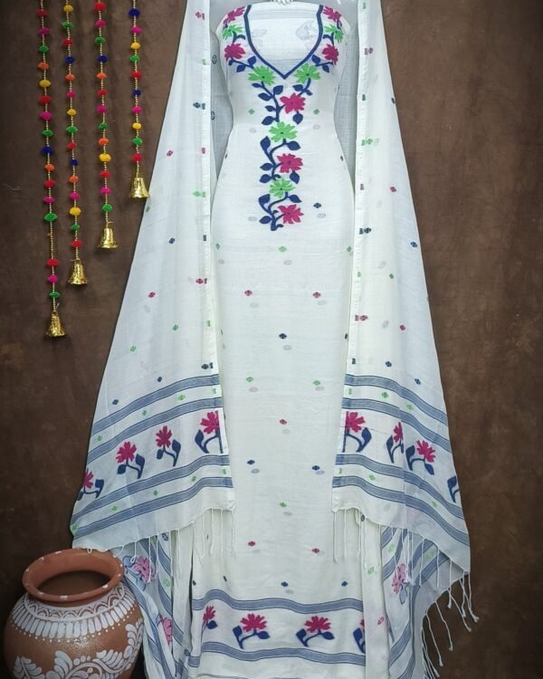 Flower Off white Blue Unstitched Jamdani Kurti Set