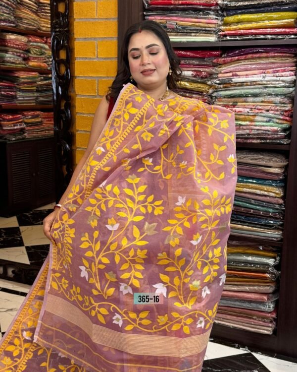 Sarno Lata Soft Brown Yellow Jamdani Saree