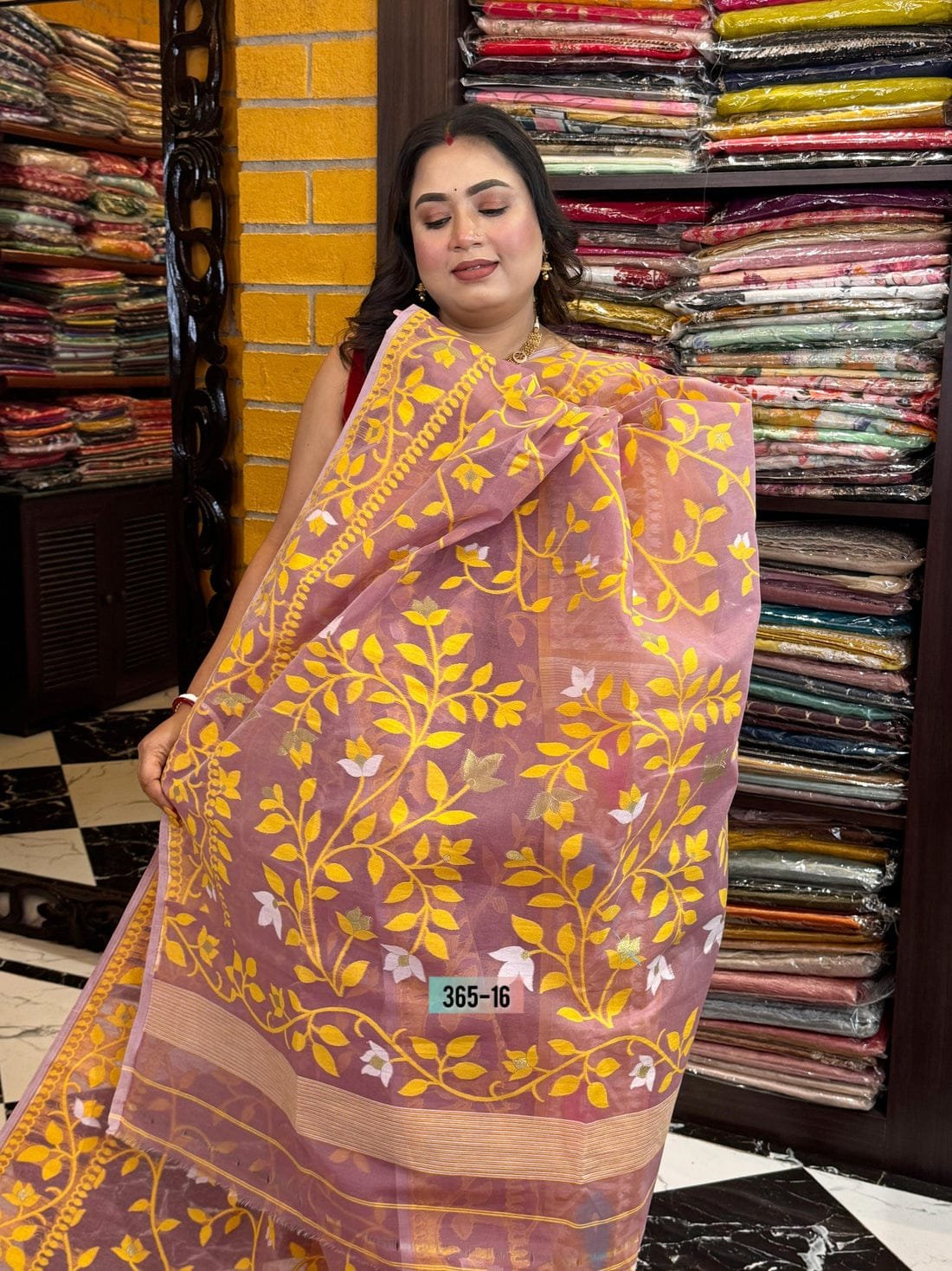 Sarno Lata Soft Brown Yellow Jamdani Saree