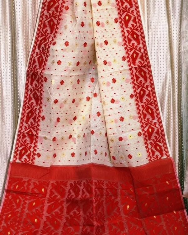 Flower Karat Soft Red White Jamdani Saree