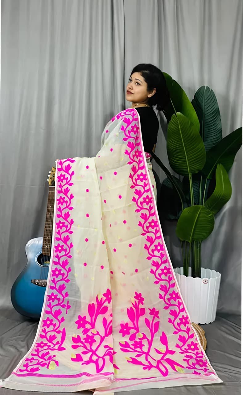 Lata Soft Cream Pink Jamdani Saree - Image 2