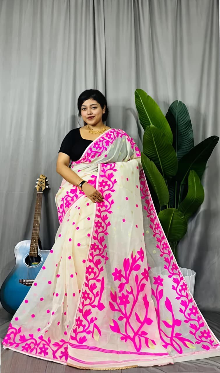 Lata Soft Cream Pink Jamdani Saree