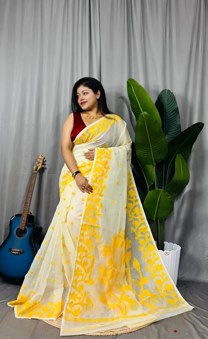 Lata Soft Cream Yellow Jamdani Saree