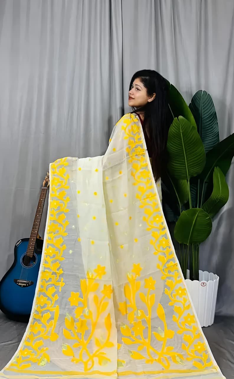 Lata Soft Cream Yellow Jamdani Saree - Image 2
